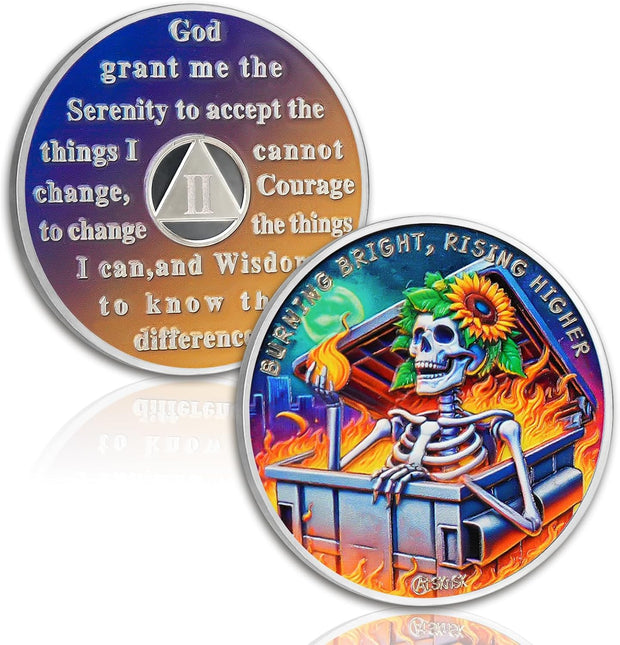 Reborn in Fire Sunflower Skeleton 1-10 Year Sobriety Coin