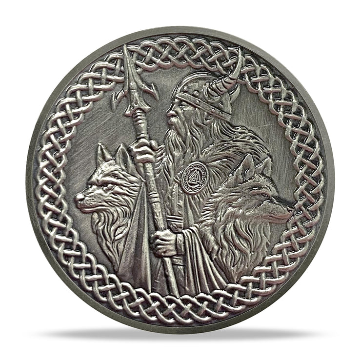 Viking Warrior Challenge Coin Norse Mythology Design with Odin, Runes, Vegvisir, and Valknut Symbols