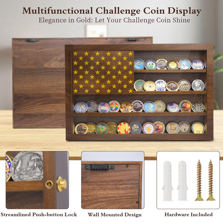 Anti-Fade Acrylic Door / Wooden Wall Mounted Coin Display Stand with Magnetic American Flag Holds 64-73 Coins