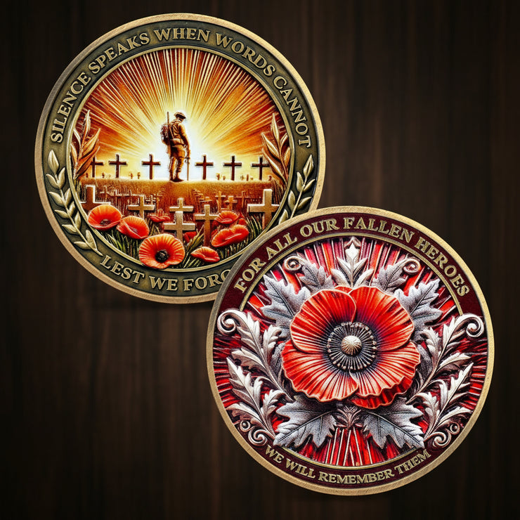 Memorial Honoring Fallen Heroes with Poppy and Cross Veterans Challenge Coin
