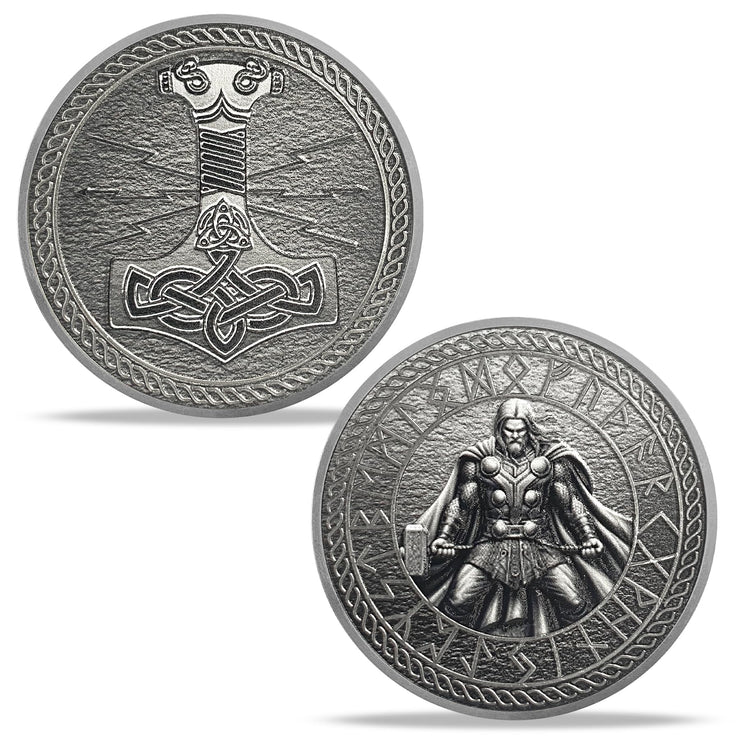 Thor Viking Norse God with Mjölnir and Runes Challenge Coin