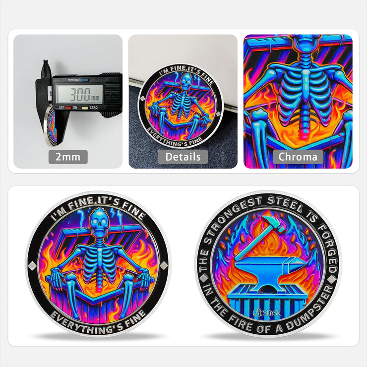 Gradient Skeleton Dumpster Fire Challenge Coin