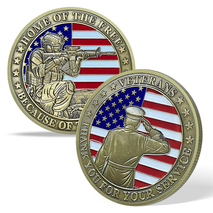Battlefield and Rifle-wielding Patriotic Military Veterans Challenge Coin