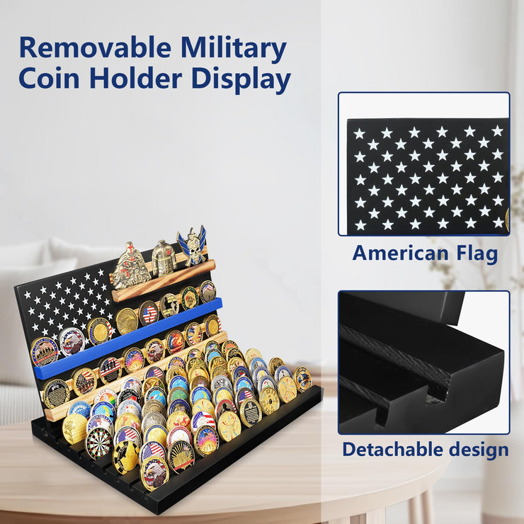 Wooden Removable 11 Rows Challenge Coin Display With American Flag