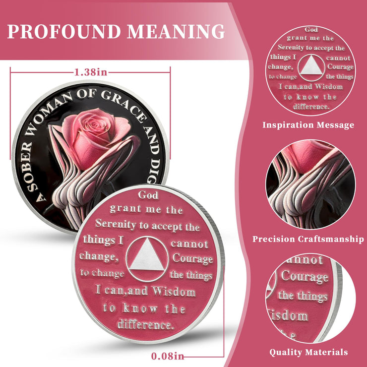 Rose AA Affirmation Sobriety Coins with Serenity Prayer