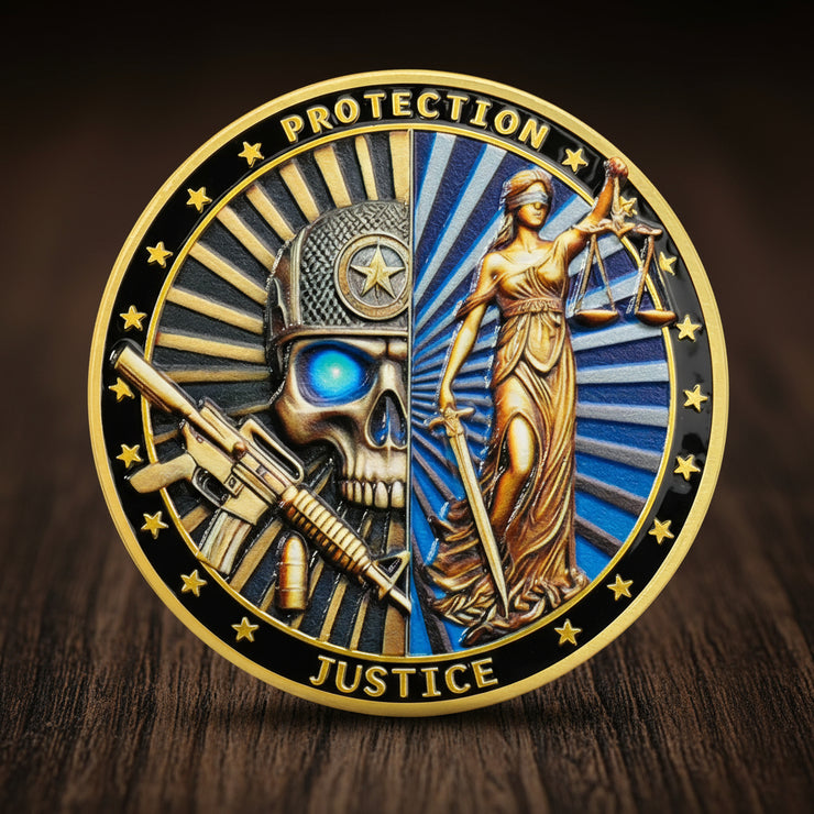 Skeletons and Goddess of Justice Police Challenge Coin