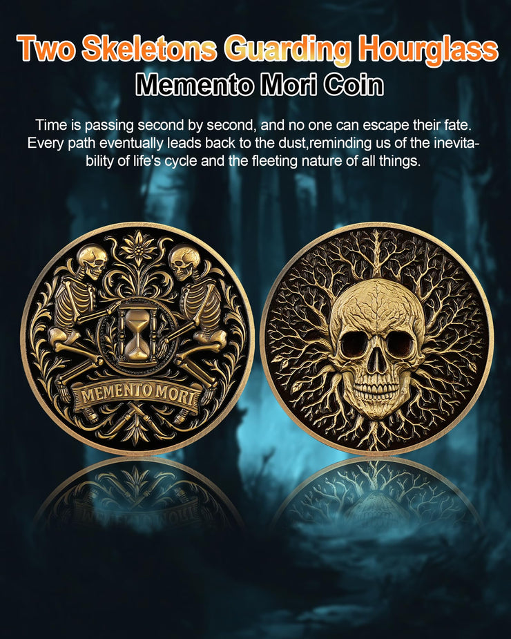 Dual Skeletons Guarding Hourglass-Symbol of Mortality and Time Memento Mori Coin