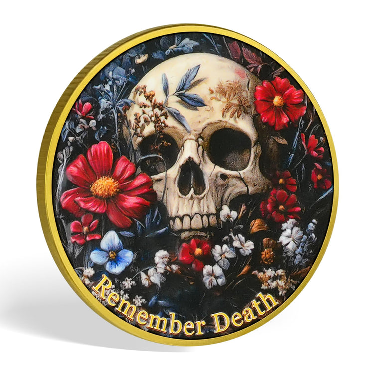 Remember Death with Flowers and Butterfly Memento Mori Skull Coin