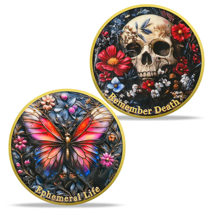 Remember Death with Flowers and Butterfly Memento Mori Skull Coin