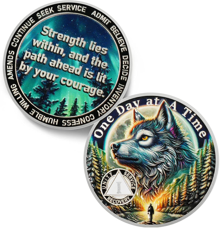 Personalized Recovery Triangle Forest Wolf One Day at a Time Sobriety Coin