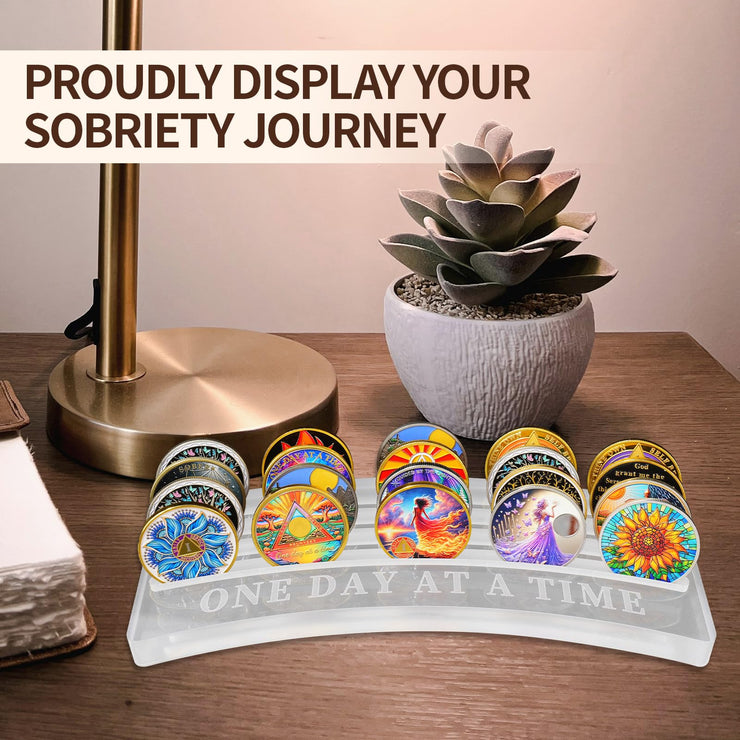 One Day at A Time Sobriety Coin Holder Display Case Holds 20 Sober Recovery Chip