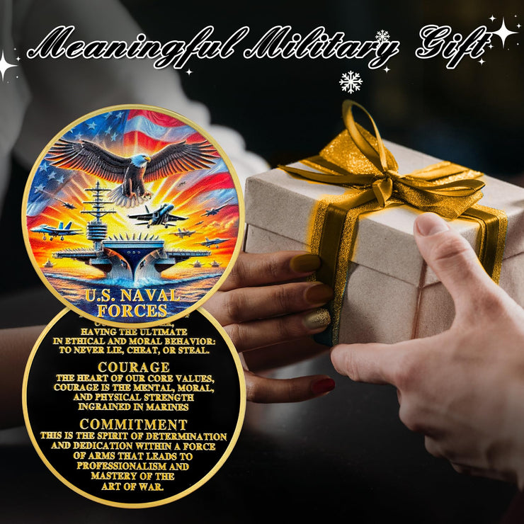 U.S. Naval Forces Veterans Navy Coin with Aircraft Carrier Eagle Military Core Values Tribute