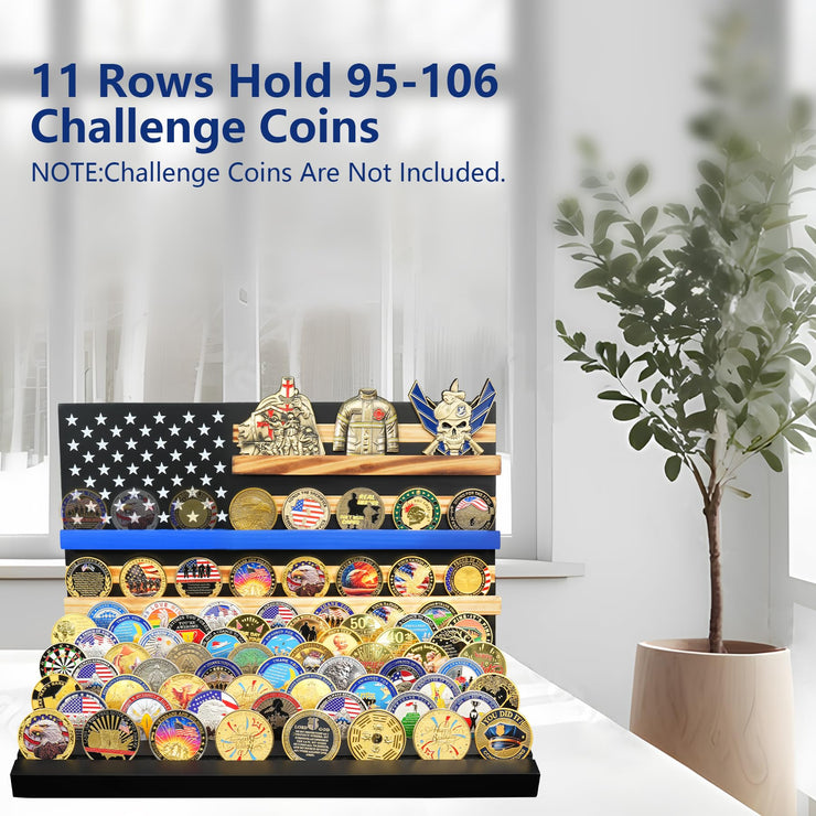 Wooden Removable 11 Rows Challenge Coin Display With American Flag