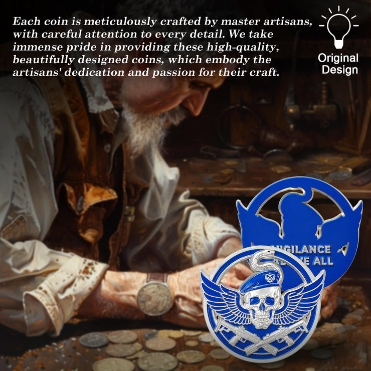 Wings of Vigilance Thin Blue Line Skull Police Challenge Coin