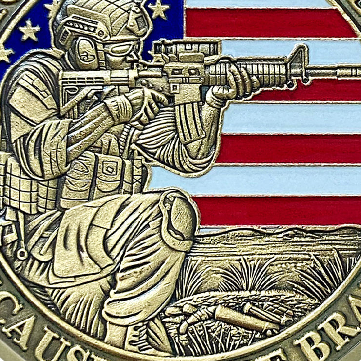 Battlefield and Rifle-wielding Patriotic Military Veterans Challenge Coin