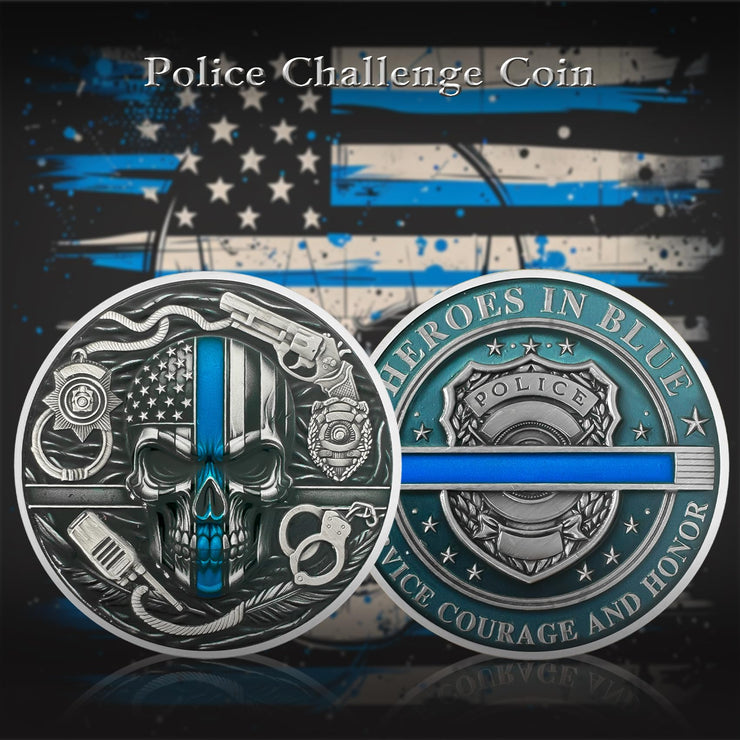 Thin Blue Line Skull Police Officers Prayer Coin
