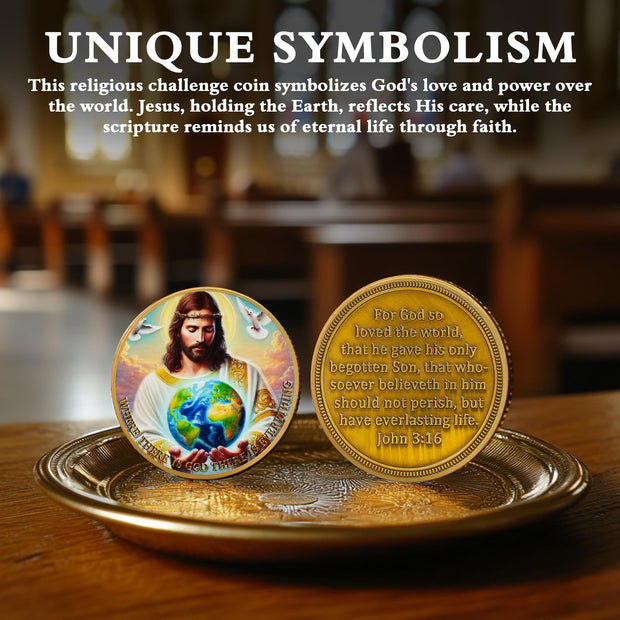Jesus Holding Earth Halo & John 3:16 Bible Verse Religious Coin