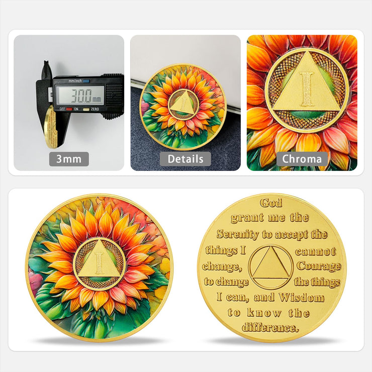 Personalized Sunflower Serenity Prayer Sobriety Coin Challenge Coin