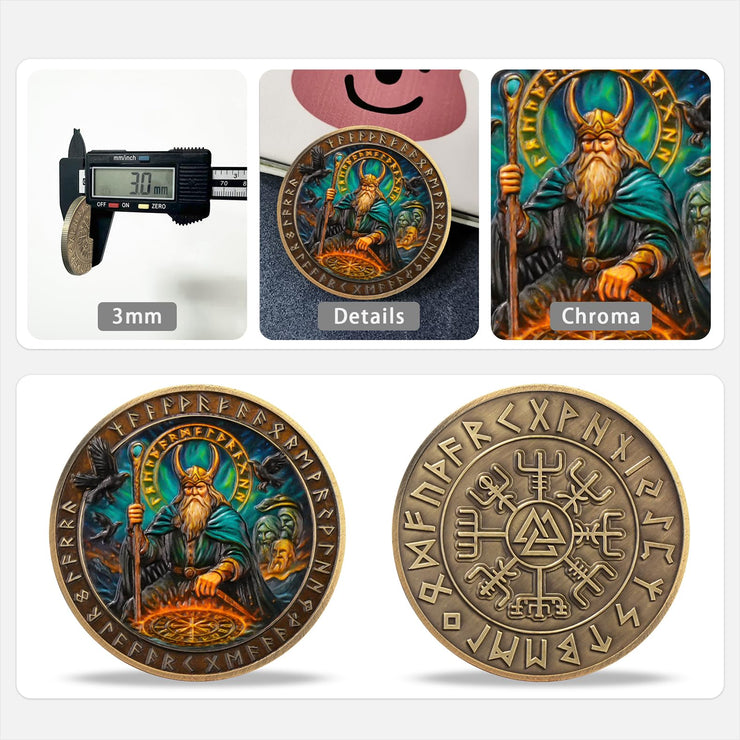 Viking Rune Coin Featuring Odin and Sacred Symbols