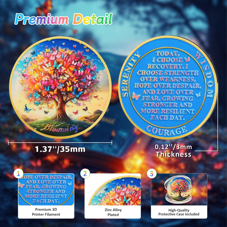 Blooming Tree of Life Colorful Recovery Butterfly Sobriety Coin