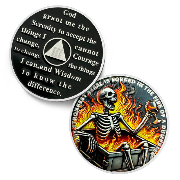 Dumpster Fire Skull 3 Year Sobriety Coin