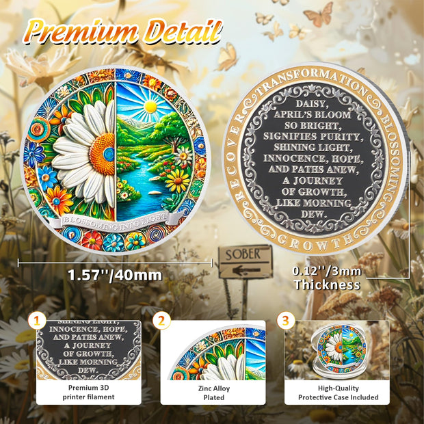 Pretty April Daisy Birth Flower Sobriety Coin