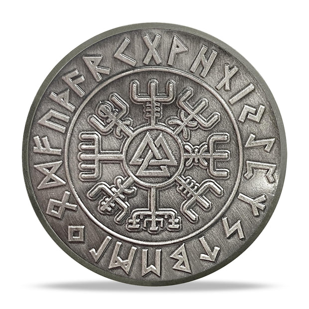 Viking Warrior Challenge Coin Norse Mythology Design with Odin, Runes, Vegvisir, and Valknut Symbols