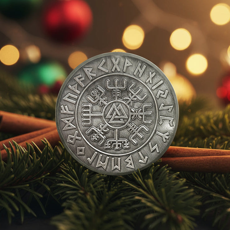 Viking Warrior Challenge Coin Norse Mythology Design with Odin, Runes, Vegvisir, and Valknut Symbols
