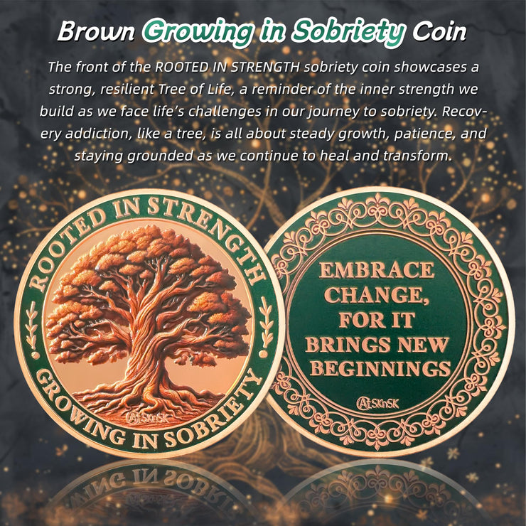 Brown Growing in Sobriety Tree of Life Embrace Change Coin