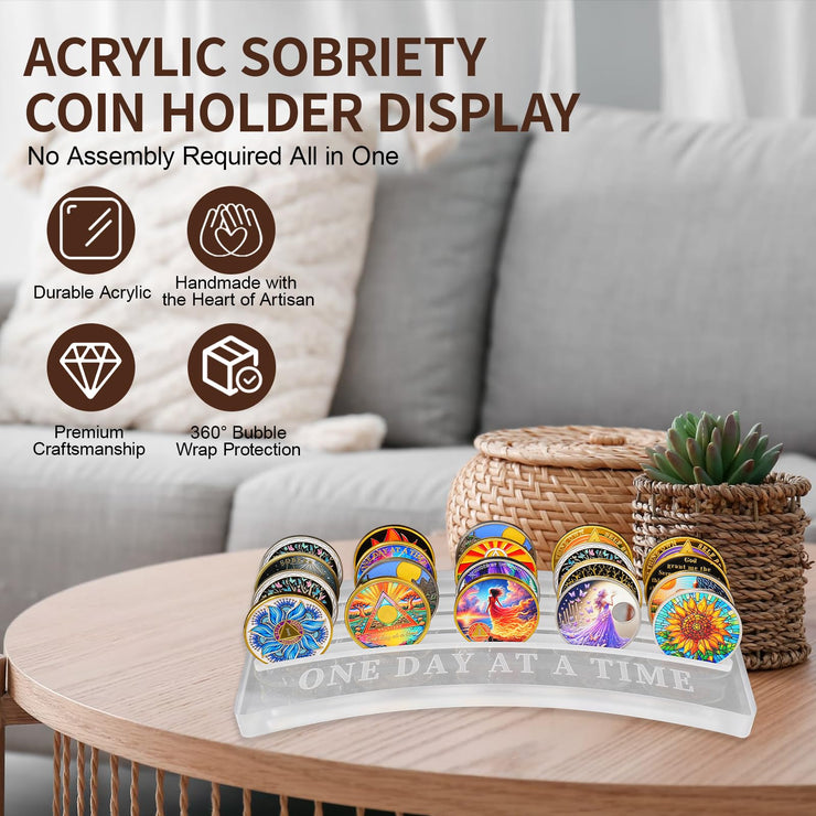 One Day at A Time Sobriety Coin Holder Display Case Holds 20 Sober Recovery Chip