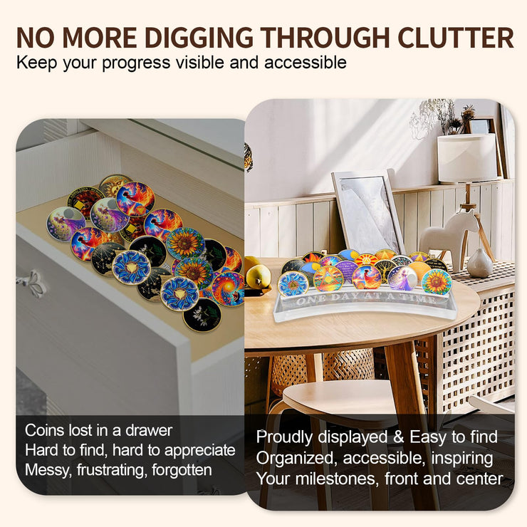 One Day at A Time Sobriety Coin Holder Display Case Holds 20 Sober Recovery Chip