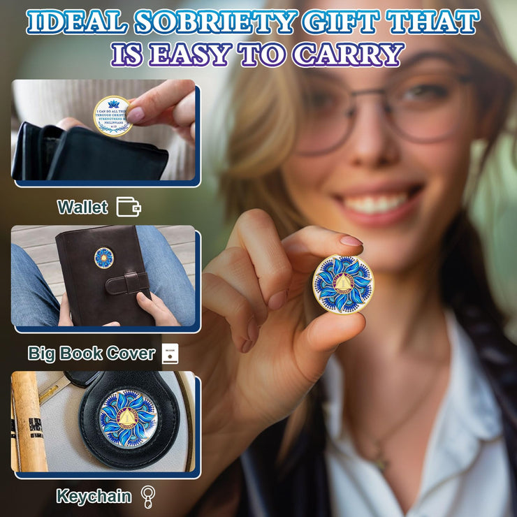 Personalized Recovery & Growth Blue Lotus Sobriety Coin