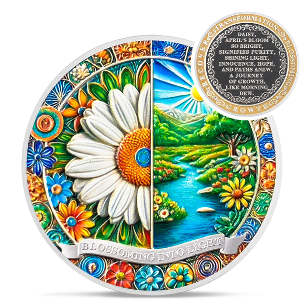 Pretty April Daisy Birth Flower Sobriety Coin