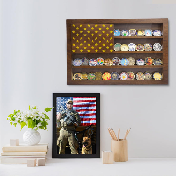 Anti-Fade Acrylic Door / Wooden Wall Mounted Coin Display Stand with Magnetic American Flag Holds 64-73 Coins