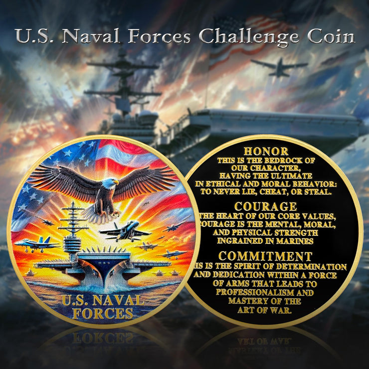 U.S. Naval Forces Veterans Navy Coin with Aircraft Carrier Eagle Military Core Values Tribute