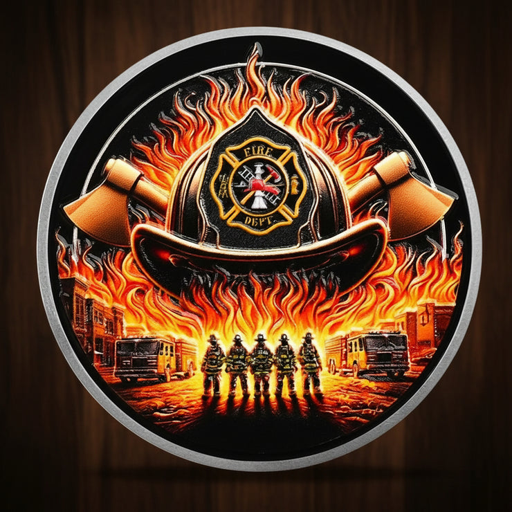 Firefighter Helmet and Double Axe Knight Challenge Coin