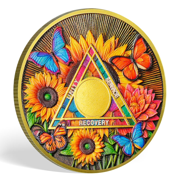 Flower Butterfly and Rising Sun Sobriety Coin