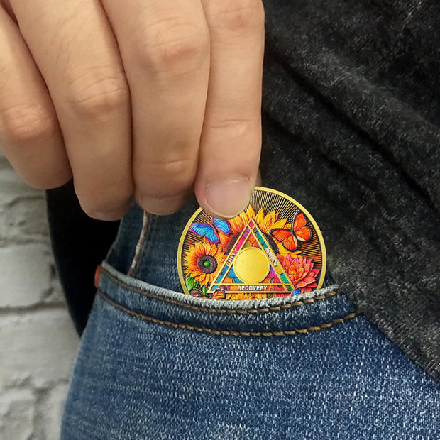 Flower Butterfly and Rising Sun Sobriety Coin