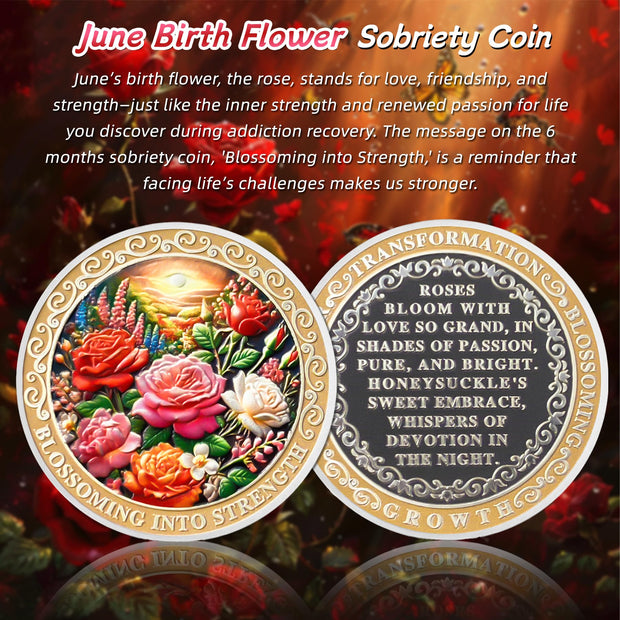Pretty June Rose Birth Flower Sobriety Coin