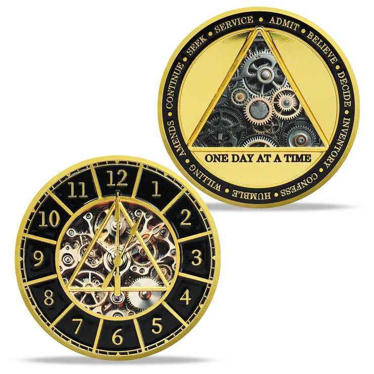 Clock & Gear Design 12 Steps Sobriety Coin