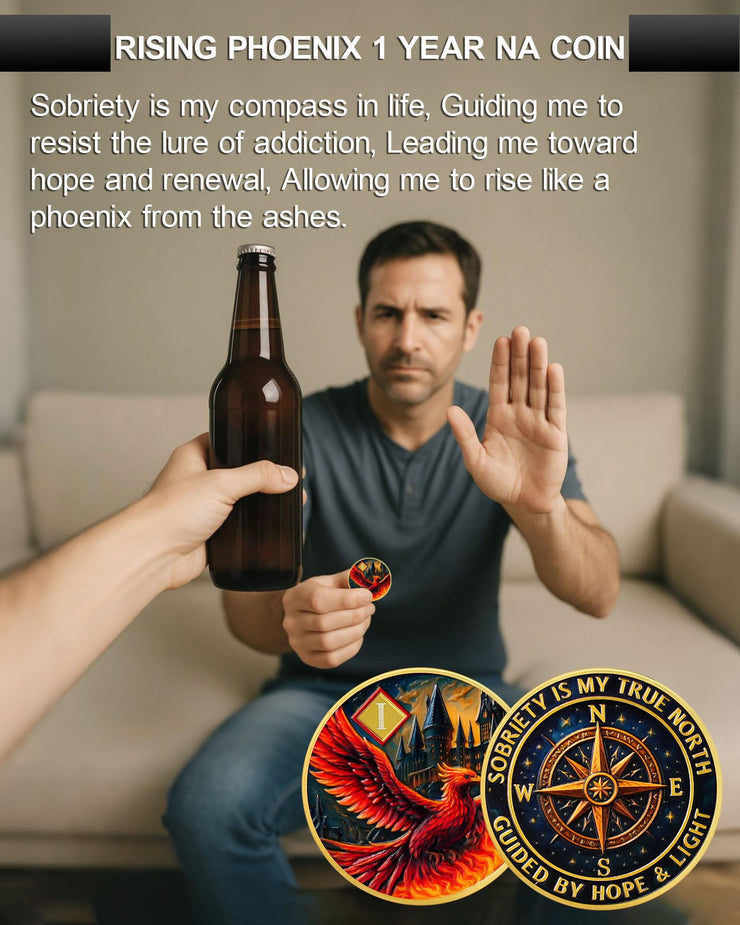 Personalized Rising Phoenix Compass to Guide The Way Sobriety Coin