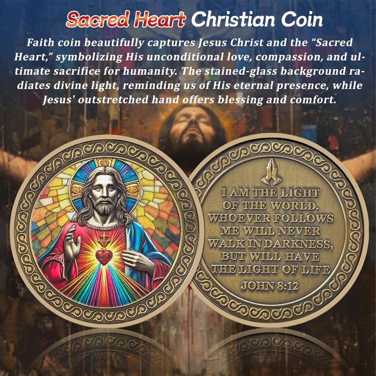 Original Sacred Heart Christian opper John 8:12 Jesus Religious Challenge Coin