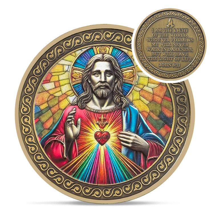 Original Sacred Heart Christian opper John 8:12 Jesus Religious Challenge Coin