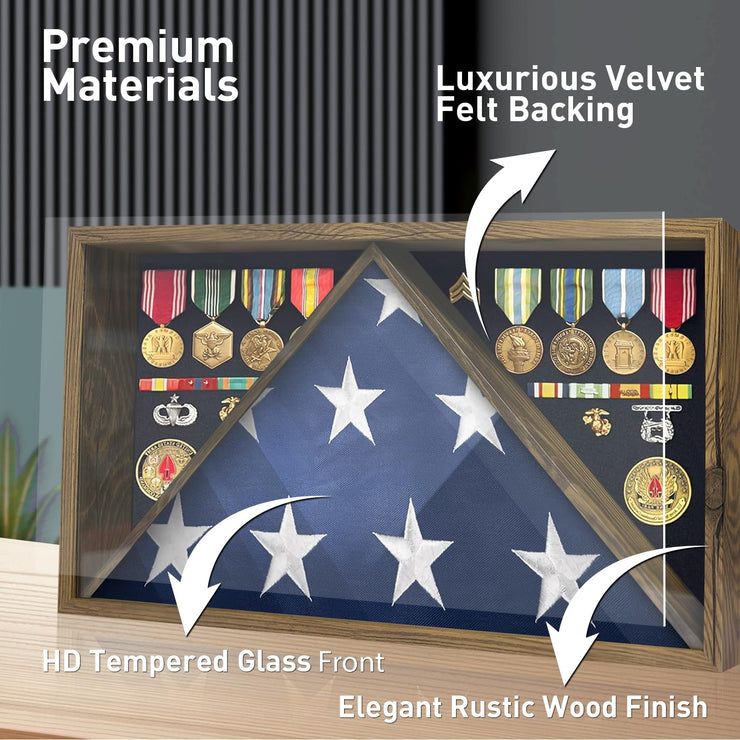 Military Burial Flag Box with HD Tempered Glass and Removable Dividers