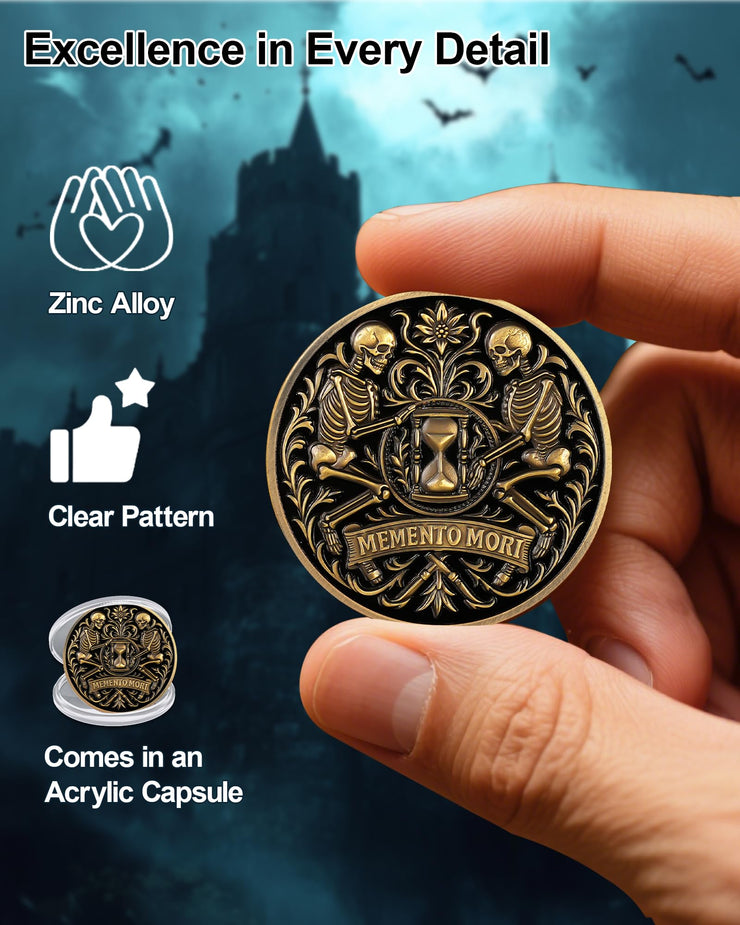 Dual Skeletons Guarding Hourglass-Symbol of Mortality and Time Memento Mori Coin