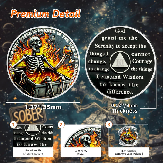 Dumpster Fire Skull 3 Year Sobriety Coin
