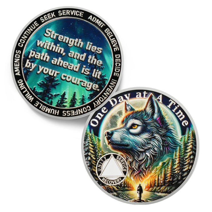 Personalized Recovery Triangle Forest Wolf One Day at a Time Sobriety Coin