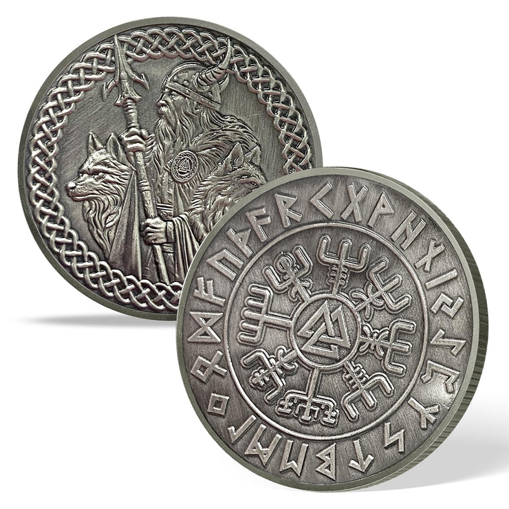 Viking Warrior Challenge Coin Norse Mythology Design with Odin, Runes, Vegvisir, and Valknut Symbols