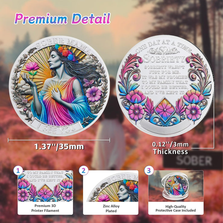 Mom Addiction Recovery Flower One Day at A Time MAMA Sobriety Coin