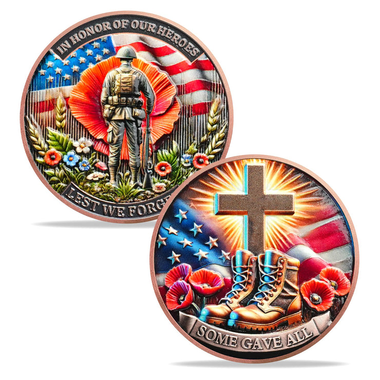 Memorial Coin Honoring Fallen Heroes with Poppy and Cross Veterans Challenge Coins